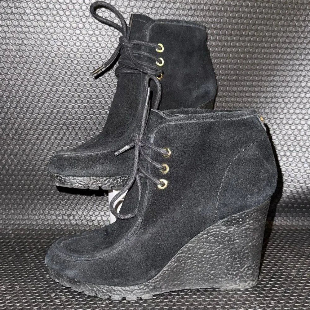 Michael Kors Black Suede Wedge Booties Gold Accent Comfort Shoe Womens Size 6.5M